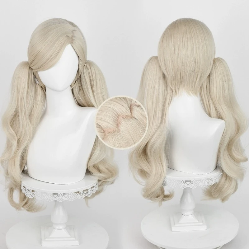Ann Takamaki Cosplay Wig 58cm Long Double Ponytails Light Linen Gold Hair Heat Resistant Synthetic Wigs for Woman Game Party