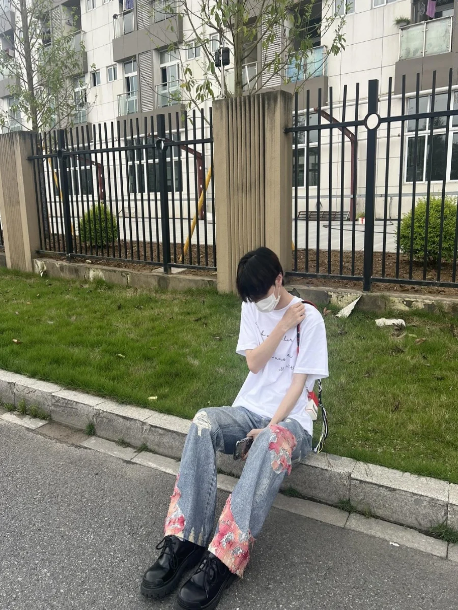 

Мужские джинсы American High Street Sle с цветочным принтом и прямыми штанинами, расклешенные брюки, повседневные свободные брюки, весна-осень