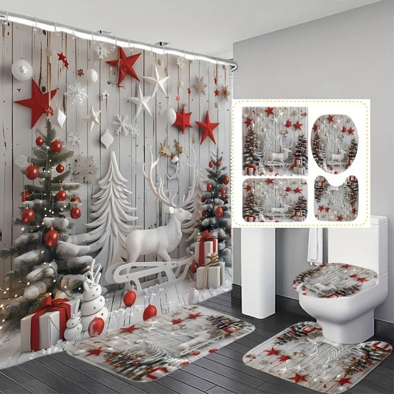 1/3/4pcs Christmas Shower Curtain , with Snowman and Forest Theme, Number Printed Waterproof Bathroom Decoration Set, Includi