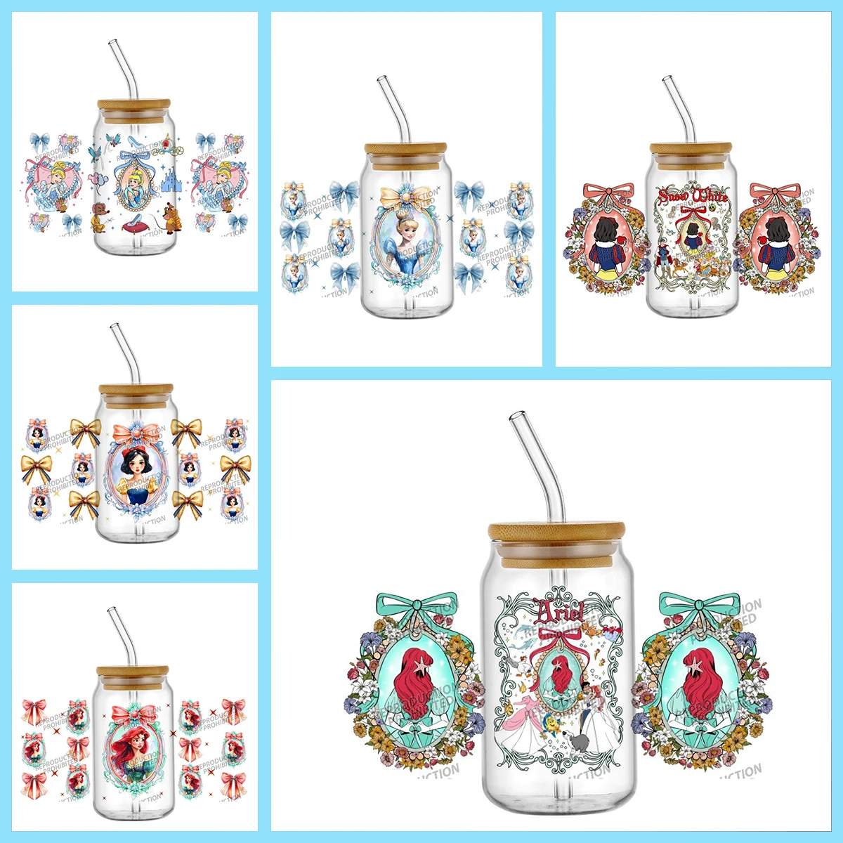 

Bow Mirror Princess Collection UV DTF Wrap Stickers for 16oz Libbey Cups Waterproof Vinyl Stickers Durable Decals