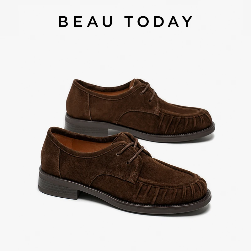 BEAUTODAY Retro Flats Women Sheepskin Leather Solid Color Round Toe Ruched Lace-up Ladies Shoes Handmade 21546