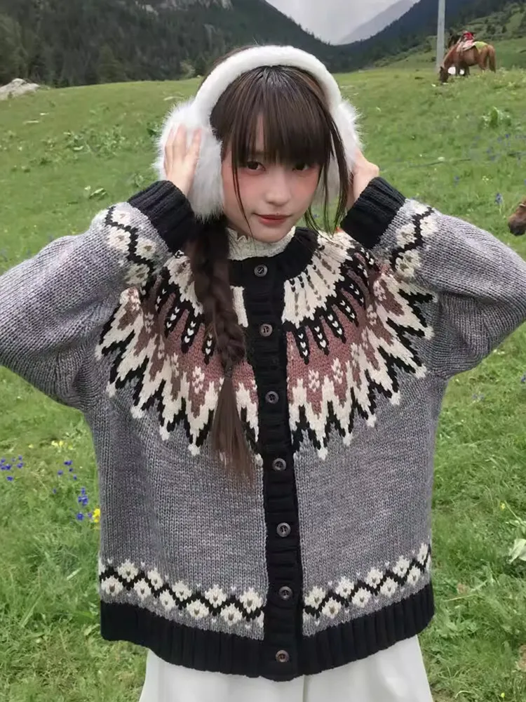 

110cm Bust Fall Winter Vintage Iceland Fair Isle Cardians Sweaters Women Elegant Loose Thick Warm Wool Knitted Sweaters Jackets