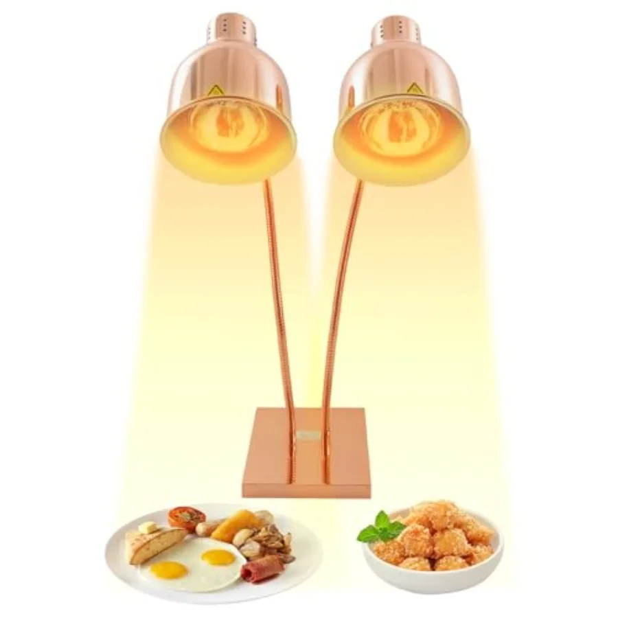 Food catering heat lamp with 500W rapid-heating bulbs, rose gold finish, maintains 122 F/50 C constant temperature, dual-head a