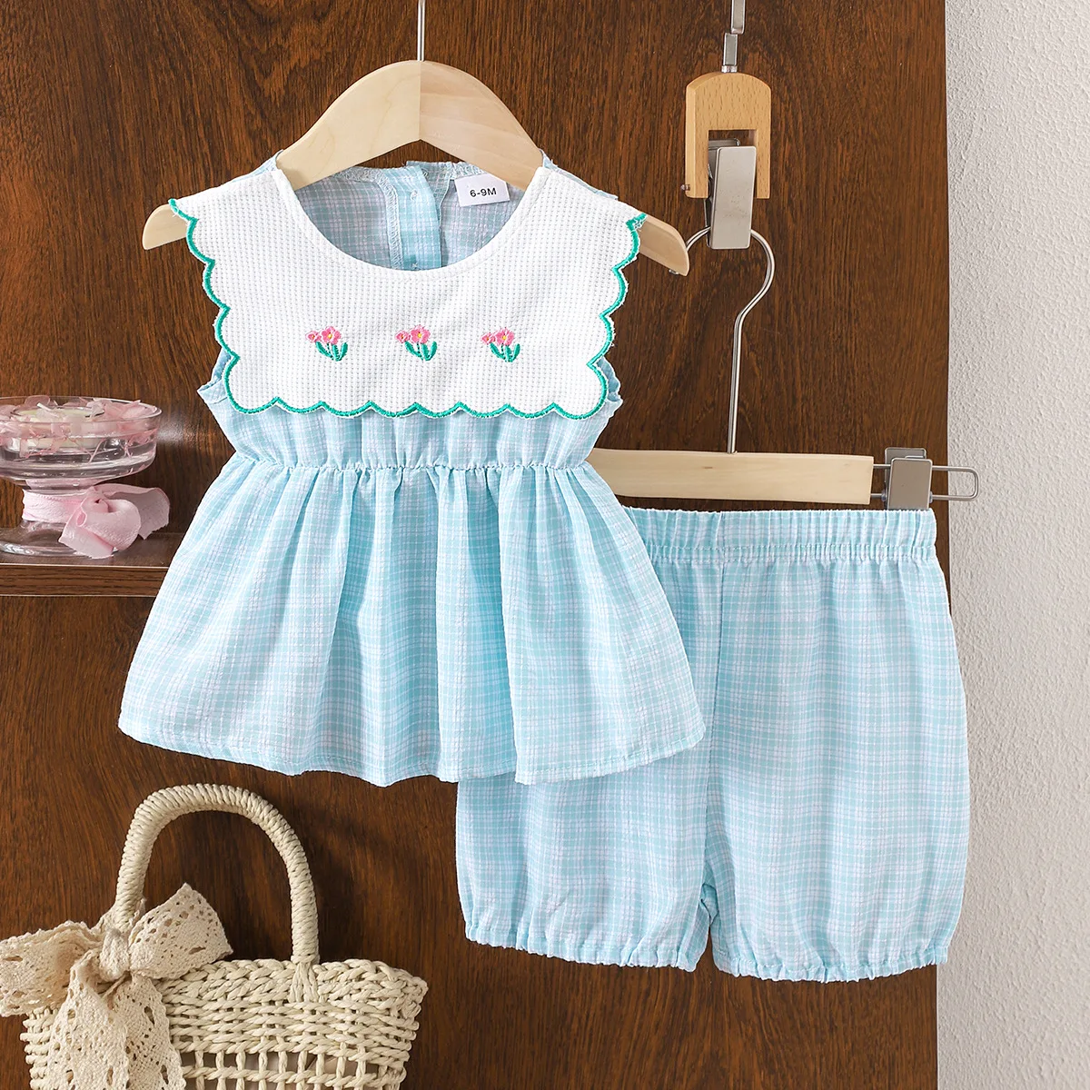 

Children's Clothing European and American Children's Clothing Blue Plaid Top Shorts Set Fashion Casual Baby