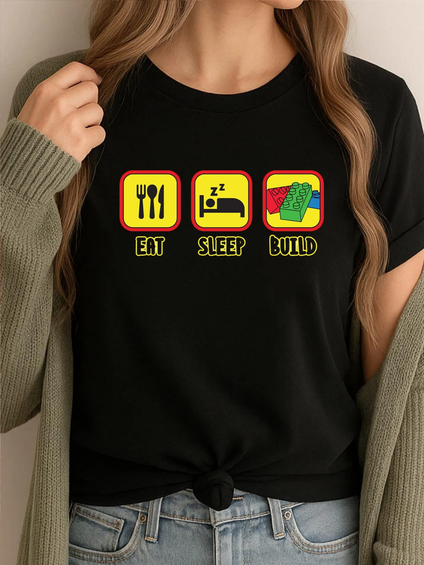 

Eat Sleep Build Toy Brick Lover Blocks Черные футболки с рисунком Мужские футболки Роскошные дизайнерские мужские футболки для отдыха