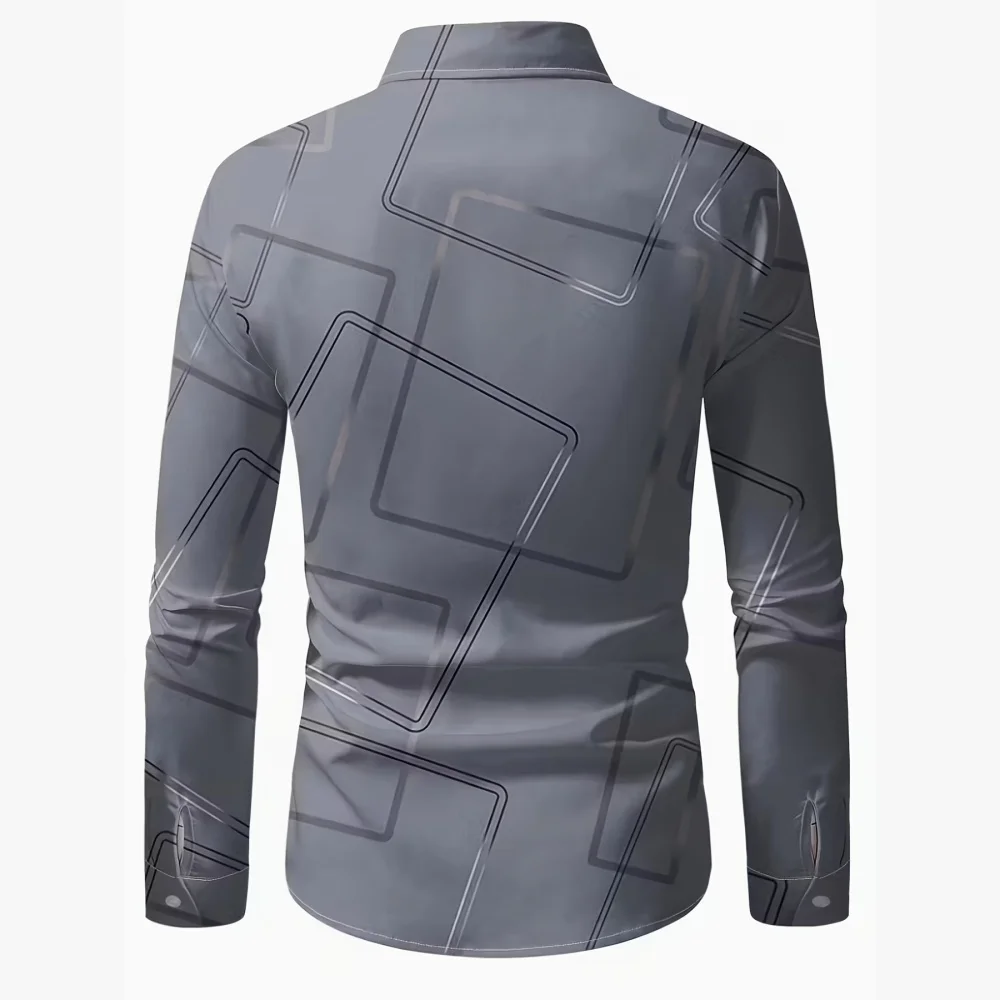 Men's Trendy Geometric Line 3D Pattern Print Long-Sleeved Shirt Business Casual Fashion Design Business Button Long Sleeve Shirt