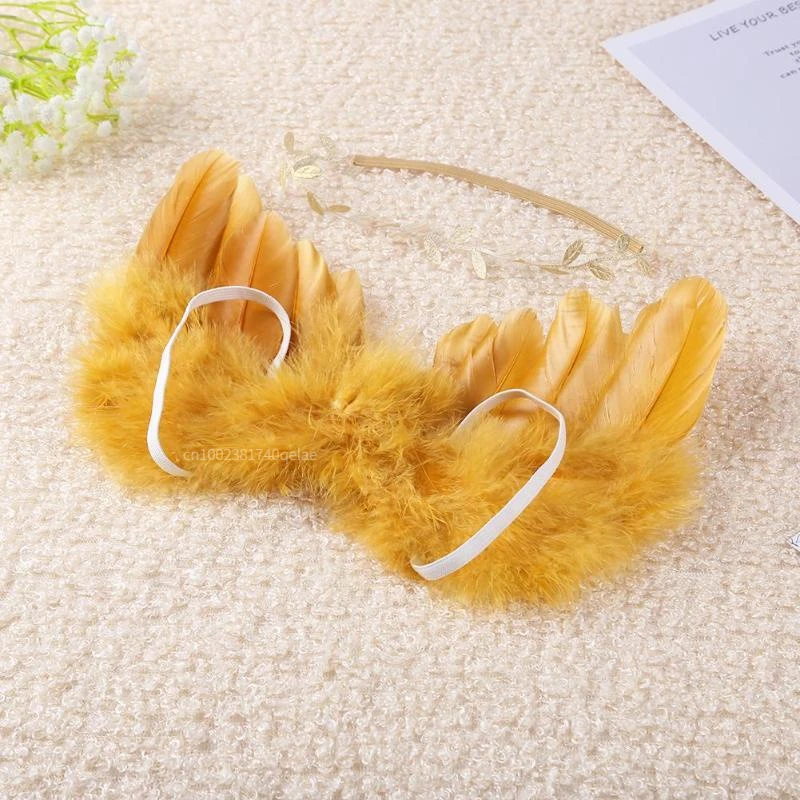 Newborn Photography Props Angel Wings with Leaves Headband Set Photos Props Feather Wing Girls Hair Baby Photography Accessories