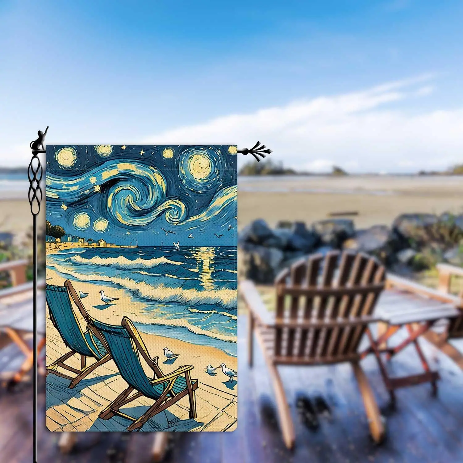 Welcome Summer Ocean Lounge Chair Garden Flag Van Gogh Starry Night Garden Flag Seagull Vertical Double Sided Rustic Farmlan EEZ