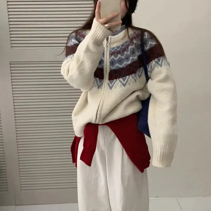 

Fair Isle Jacquard Cardigan Sweater Knitted Pullover Women's Thicken Spring Autumn Winter Zipper Shorty Girl's Knitwear Top Coat