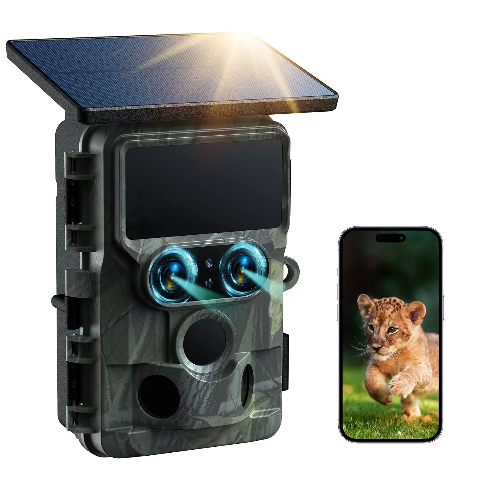 SunGusOutdoors 4K 48MP WiFi  Solar Powered Dual Lens Wildlife Trail Camera Trap with 13MP SONY Native Sensor App Setting