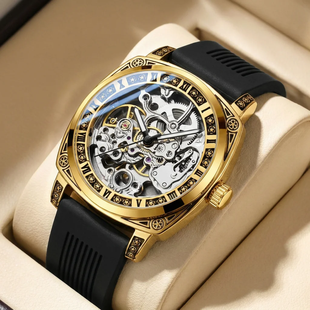 

1pcs Men's gold dial silicone strap vintage fashion skeleton gear luxury details Mechanical Watch for daily business party holid
