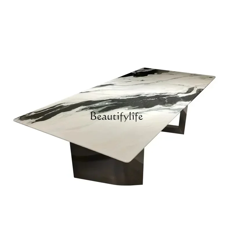 

yj39 Panda white natural marble dining table Italian minimalist high-end rectangular luxury stone dining table
