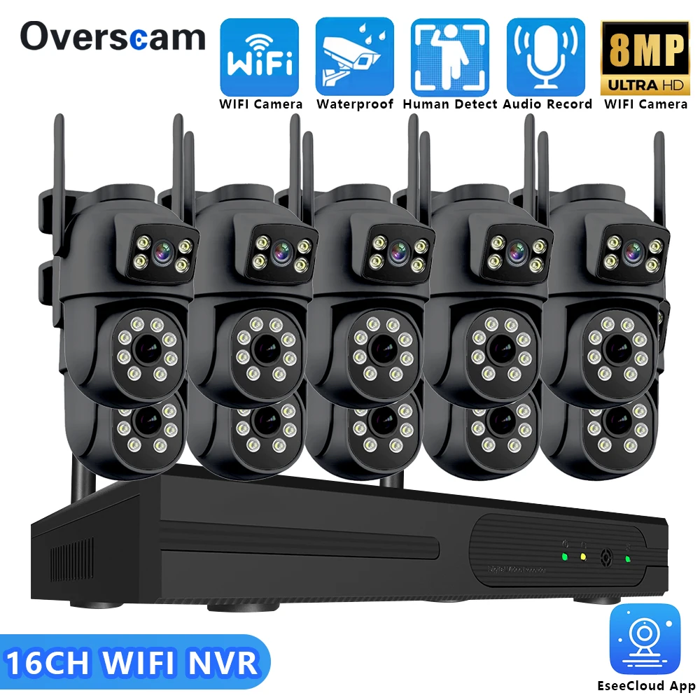 8MP 16CH WiFi NVR Security Camera System Dual Lens PTZ Cameras Human Detection Audio Recording Waterproof EseeCloud CCTV Kit