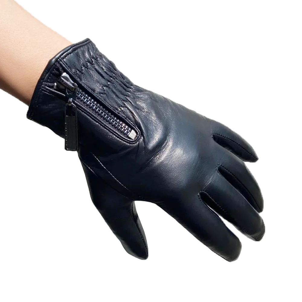 Gants en cuir de luxe pour hommes, fermeture éclair au poignet, écran tactile, doublure en laine d\'agneau véritable, conduite chaude, hiver,