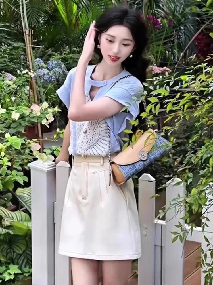 Blue Hollow out Printed Short Sleeve Women's T-Shirt Summer New Style Ultra Popular Unique Design Korean Loose Fit round Neck