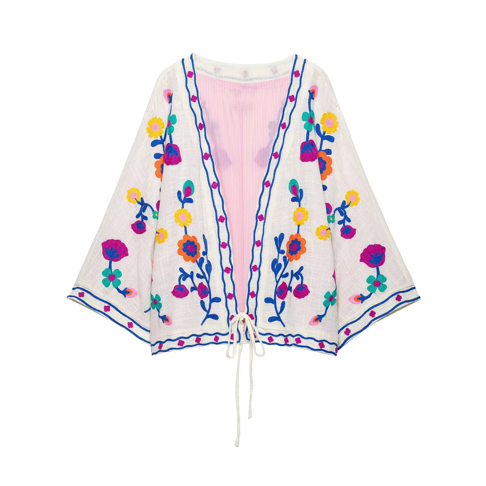 Lässige Damen-Kimono-Mäntel mit Blumenstickerei, Herbstmode 2026, langärmelige Oberteile mit Bindung, Vintage, lockere Streetwear-Oberbekleidung – Detail 2
