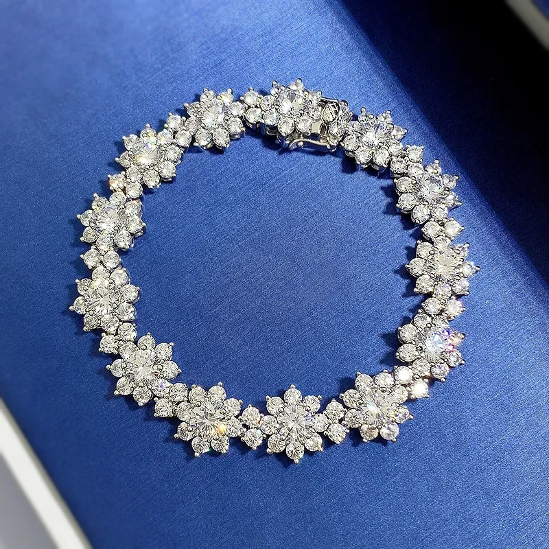 

Full set of Sunflower s925 Silver Fashion Luxury Brocade Cluster Diamond Flower Full Round Diamond Bracelet Wedding Jewelry