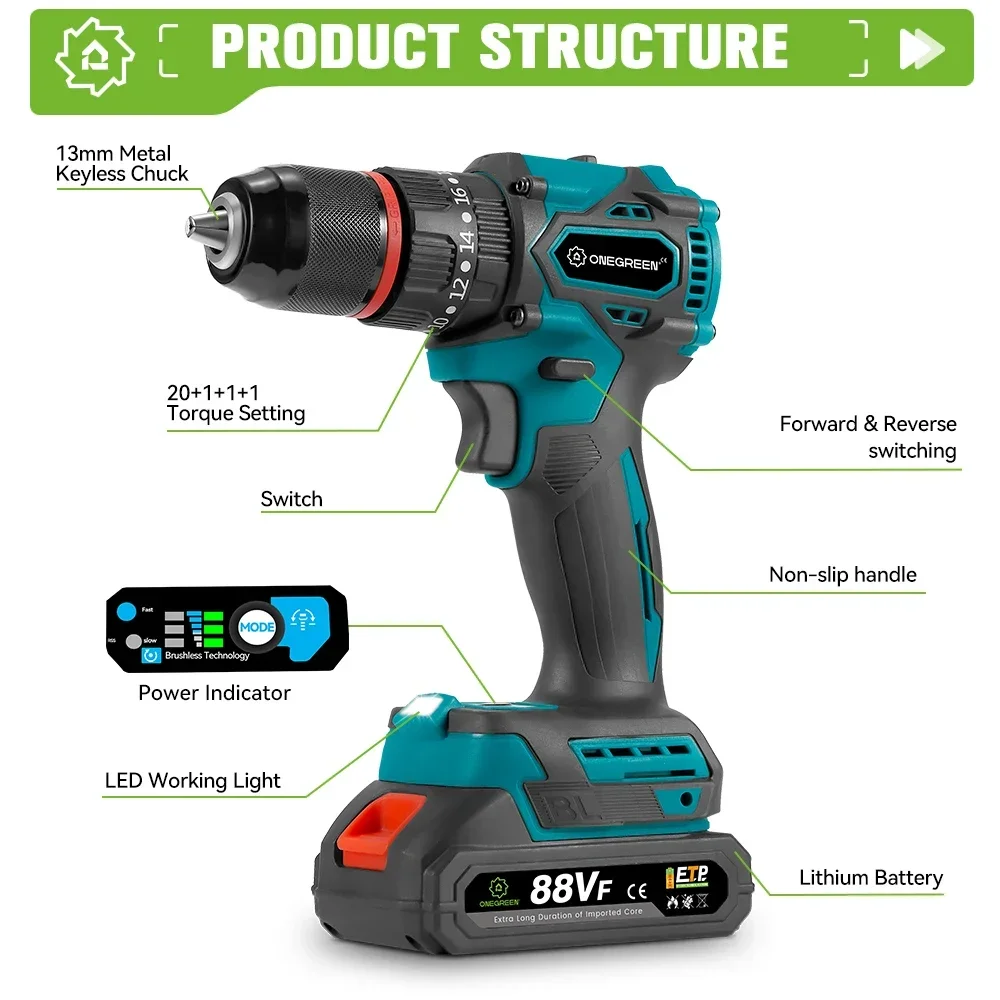 ONEGREEN 480N.M 13mm Brushless Electric Impact Drill Cordless Drill Electric Screwdriver Power Tools For Makita 18V Battery Pin