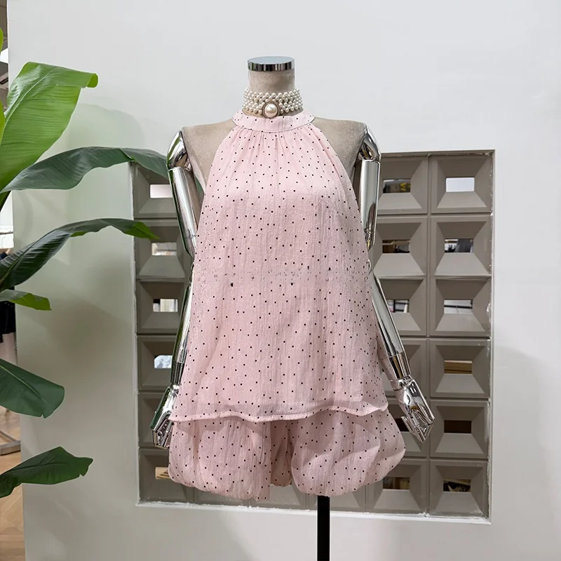 

Новый модный женский комплект 2026: пляжный повседневный топ А-силуэта в горошек и шорты-баллоны, подчеркивающие фигуру, летний, сексуальный, элегантный