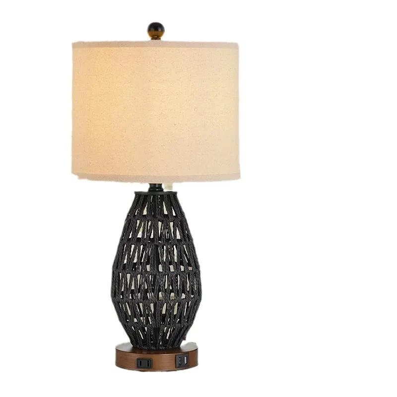 

American retro LED bedside table lamp hemp rope handmade cloth cover table lamp woven touch lamp bedroom decoration small table