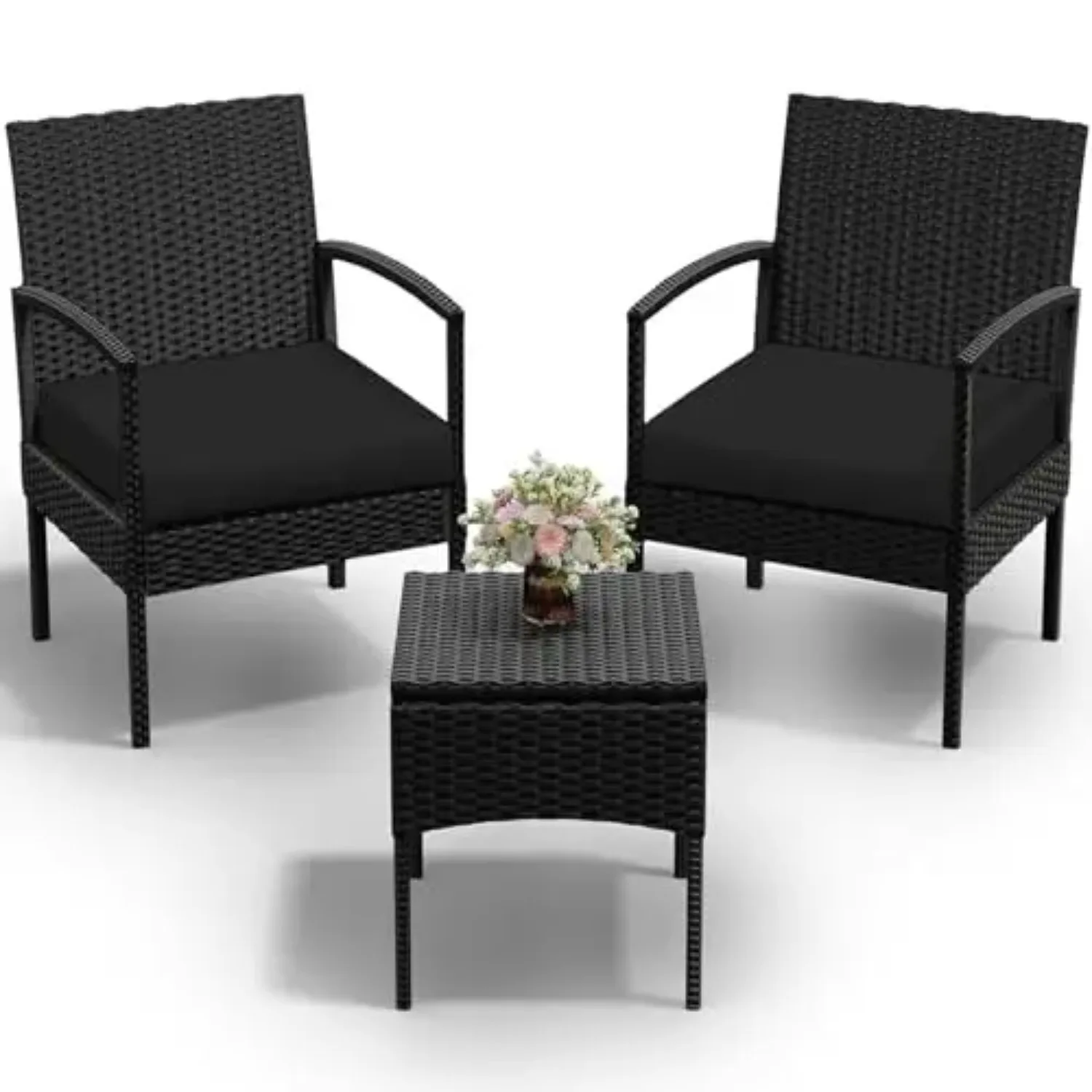 3 PCS Patio Rattan Conversation Bistro Chairs Set, Outdoor Patio Furniture Wicker Bistro Set with Coffee Table for