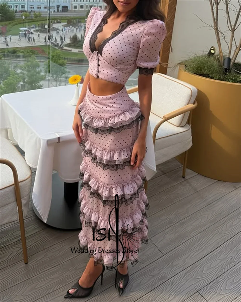 Vestido de Dos Piezas con Estampado de Puntos Rosa Chic de ISI, Top Corto de Manga Corta con Volantes y Adornos de Encaje, Vestidos de Fiesta Europeos Personalizados