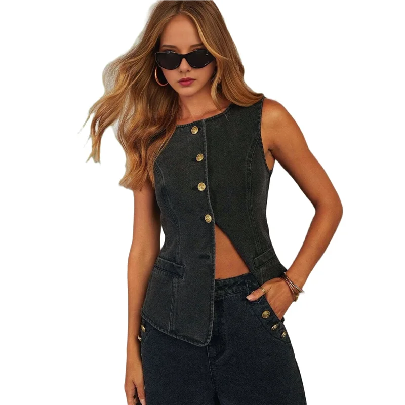 

CYL-женский джинсовый жилет на пуговицах, топы без рукавов, приталенные джинсовые майки, летний модный повседневный жилет