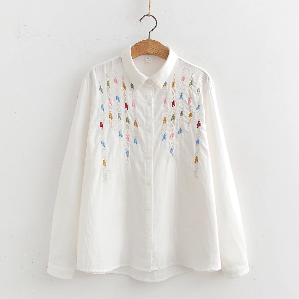 Embroidery white cotton top women Korean fashion long sleeve leaves embroider blouse for girls elegant women's white blouse