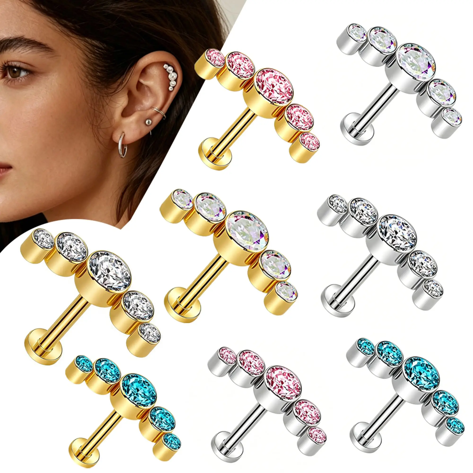 50pcs/lot Stainless Steel Internally Thread Flat Back Piercing Multi Color Gem Helix Ear Jewelry for Women Daily Party EarDecora