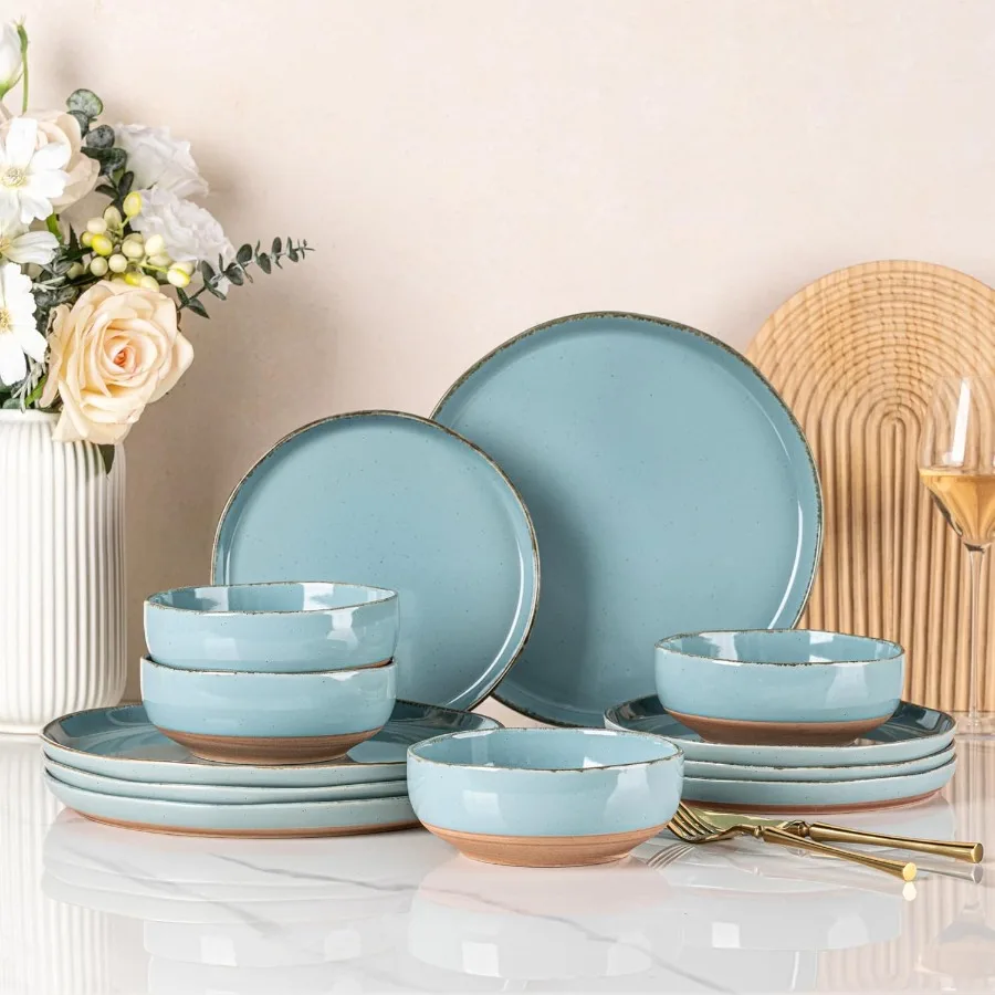 

Ceramic Dinnerware Sets for 4 Including 12 Pieces Handpainted Plates and Bowls with Rustic Terracotta Underside Scratch Resista