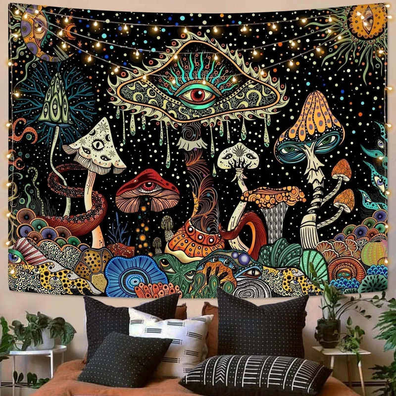 VIKAMA Psychedelic Mushroom Tapestry Trippy Eyes Black Starry Background Colorful Wall Hanging Aesthetic Wall Art Room Decor
