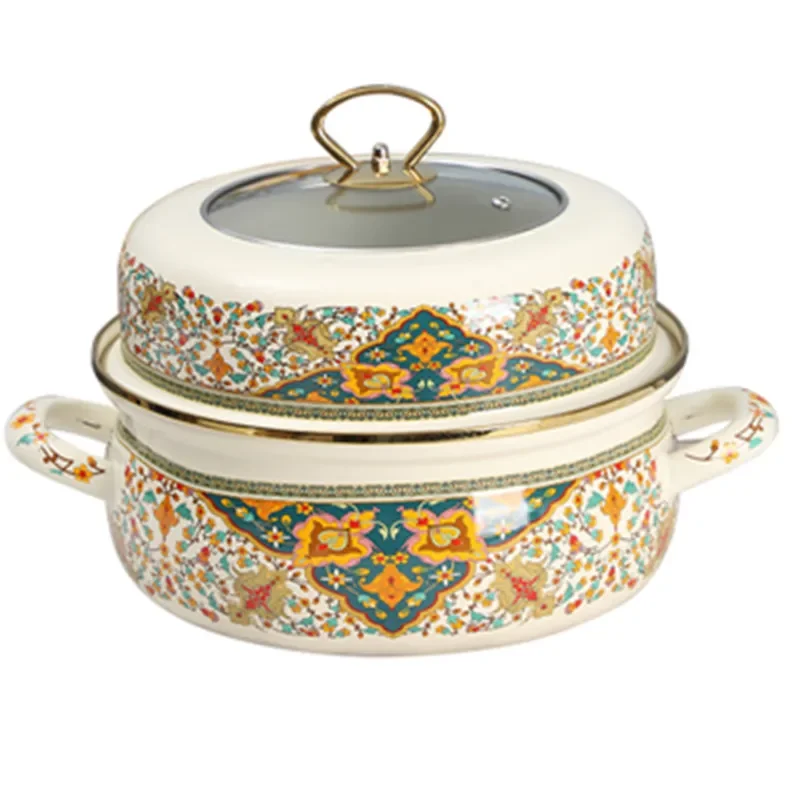 

Enamel Steamer Single Layer Short Style Steaming Pot Ideal for Seafood and Stews Gas and Induction Compatible
