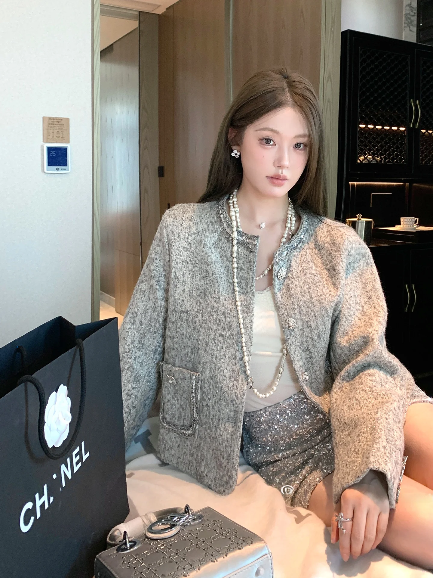 

Шерстяное пальто FanyFloss Diamond Embedded, французская верхняя одежда для похудения, твидовый кардиган для женщин, осенний сезон