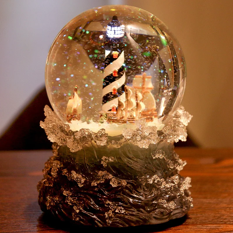 Resin Lighthouse Sailboat Crystal Ball Rotate Music Box Simulated Wave Base Birthday Gift Living Room Bedroom Home Decoration