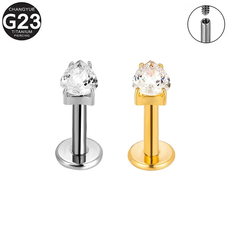

1PC G23 Titanium Ear Stud Piercing 16G Heart-Shaped CZ Labret Internally Threaded Lip Ring Cartilage Helix Earrings Body Jewelry