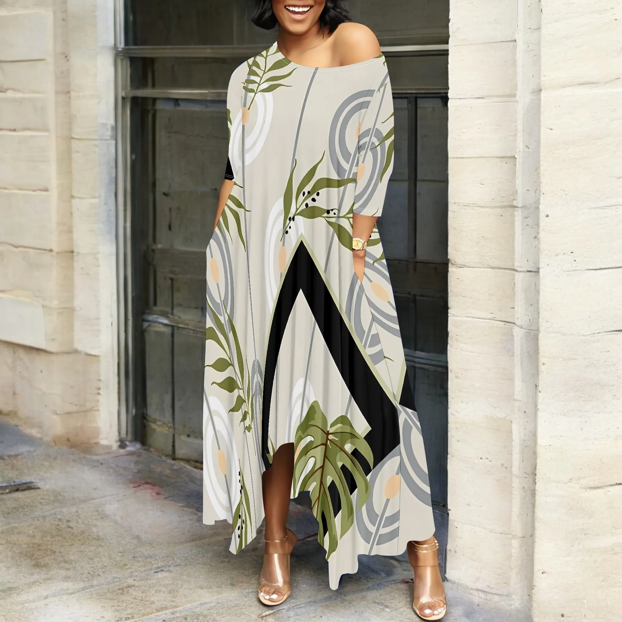 فستان ماكسي بطبعة أوراق بوهو للنساء بدون أكتاف فضفاض كاجوال 3/4 كم فستان حفلات صيفي