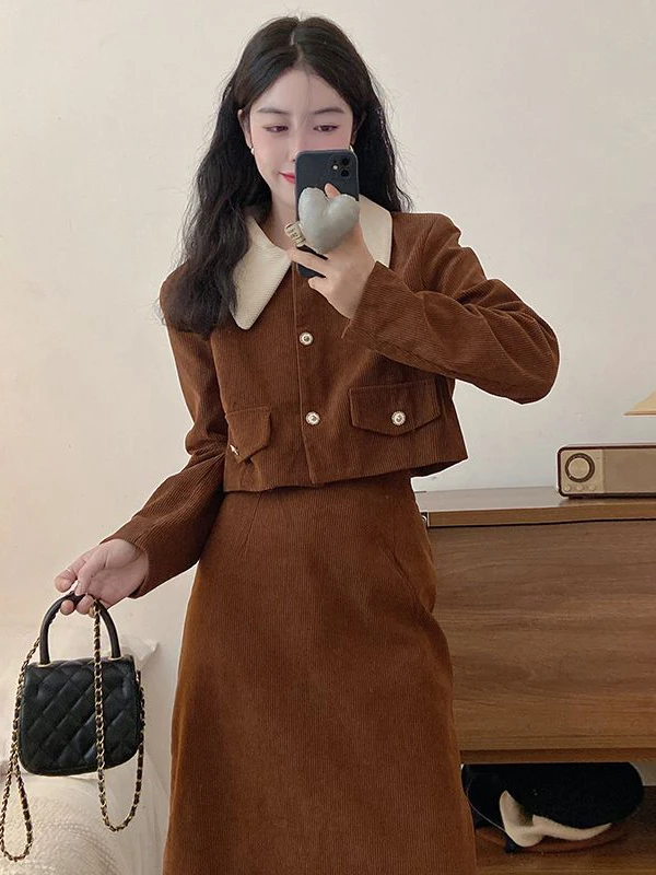 Conjunto retrô de veludo Faion outono cor Blo gola de boneca ort Jaet emagrecimento f saia terno de duas peças chinês Sle feminino...