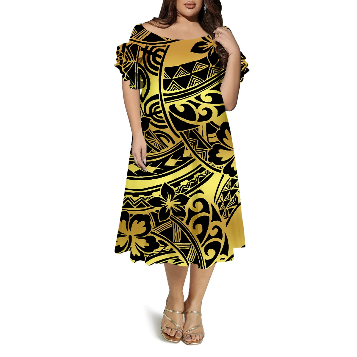 Summer Custom Dress Pattern Round Neck Butterfly Sleeves Tribal Pattern Design Retro Loose Polynesian Women'S Dress