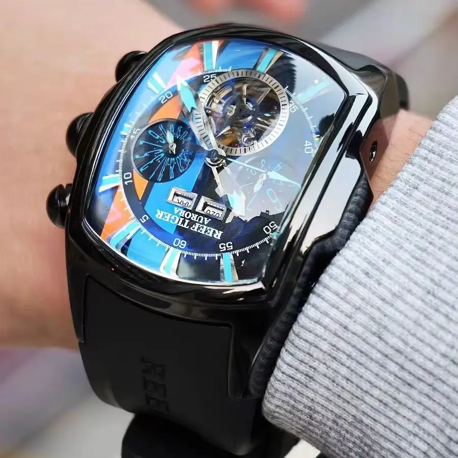 Reef Tiger Men Automatic Watch Military 46mm Tonneau Mechanical Wristwatch Luminous Multi-Dial Year Month Weel Date Racing Dial