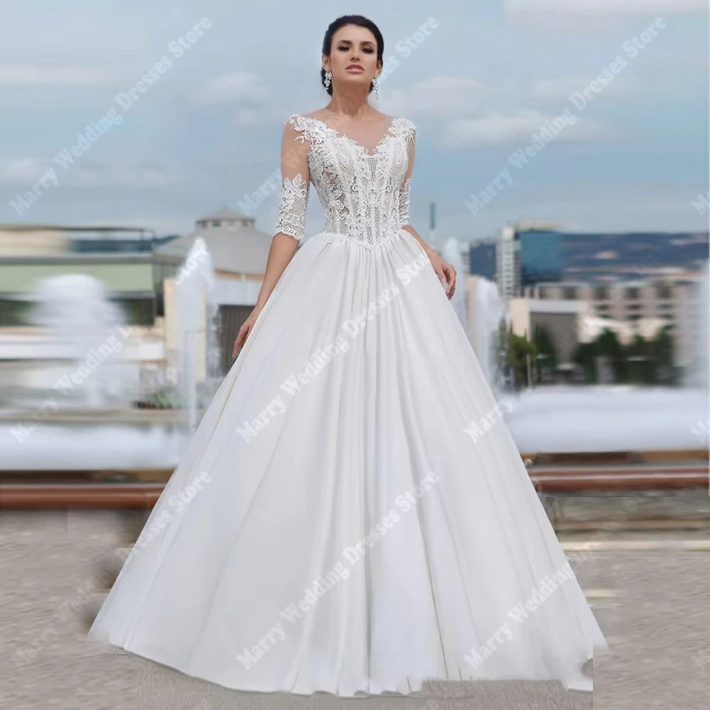 สวย V คอ A-Line ผู้หญิงชุดแต่งงานโมเดิร์นสามไตรมาสแขนชุดเจ้าสาว Mopping ความยาว Robes De Mariee ที่กําหนดเอง