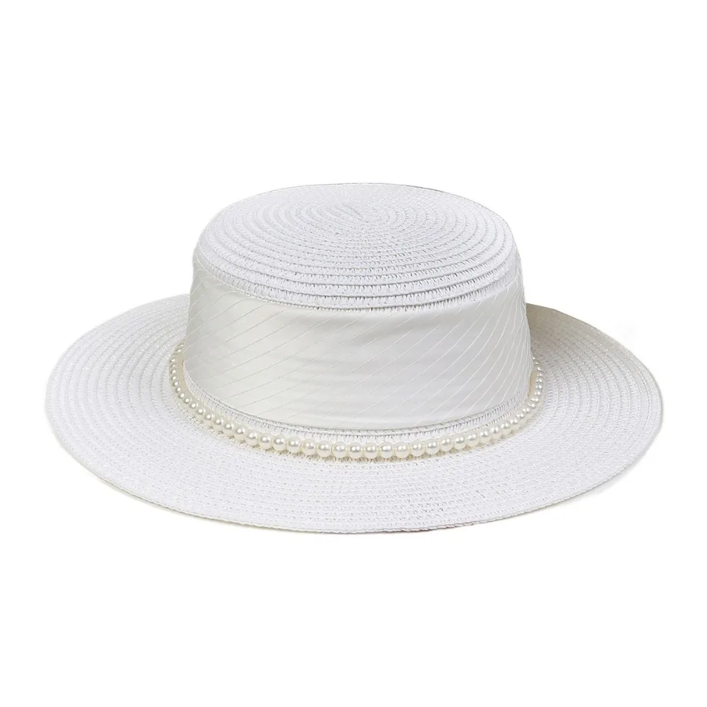 

UV Protection Wide Brim Straw Hat Pearl Chain Straw Weaving Women's Fisherman Hat Lightweight Comfortable To Wear Flat Sun Cap