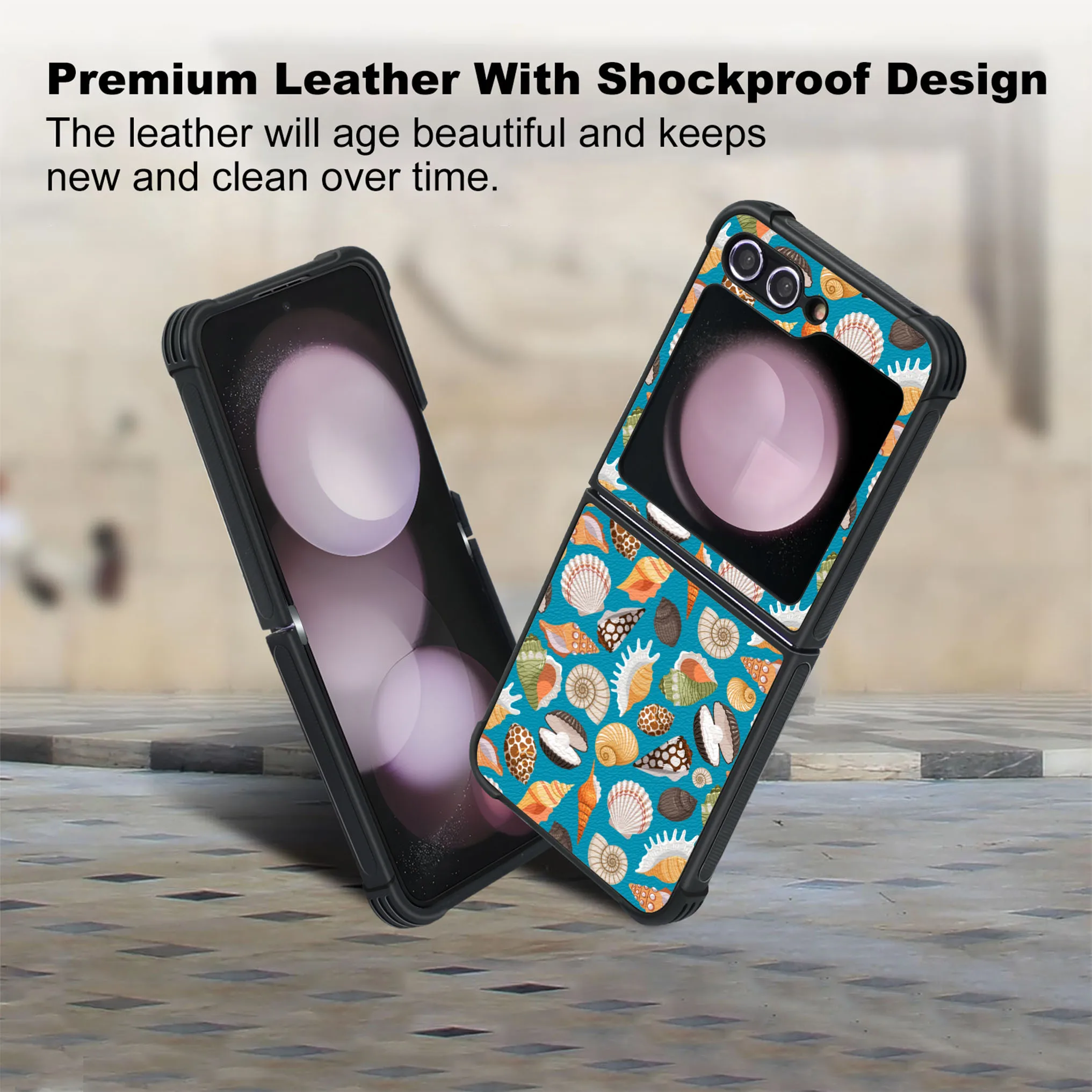 Patterned PU Leather + Soft TPU Bumper Shockproof Protective Case Cover Compatible With Galaxy Z Flip5 5G , Seashell