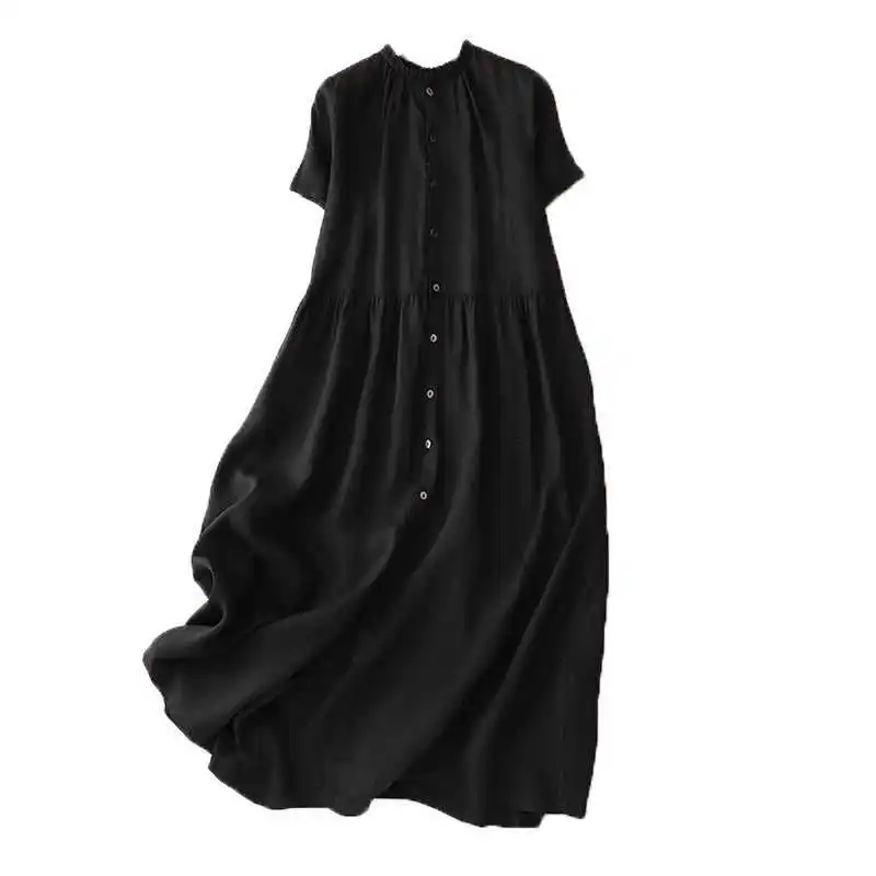 Summer Cotton Linen Maxi Dress for Women Solid O-Neck Short Sleeve Streetwear Single-breasted Long Dresses Party Vestidos Robe