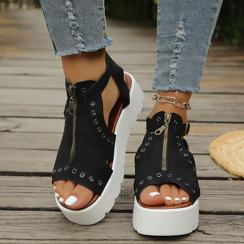 2026 new Women Open Toe Platform Roman Sandals Front Zipper Metal Eyelet Ankle Strap Buckle Chunky Sole  Summer Casual Sandals