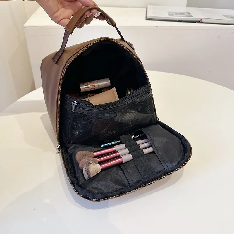 Ladies Makeup Bag PU Leather Solid Color Large Capacity Portable Handheld Toilet Bags Fashion Versatile Cosmetics Storage Bag