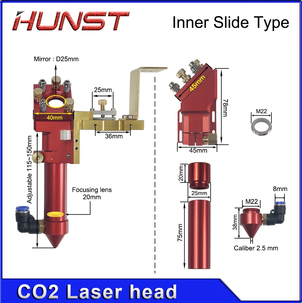 Hunst Hot Sell Inner Slide Type CO2 Laser Head with Air Nozzle for Inner Guide Rail Laser Cutting Machine Spare Parts