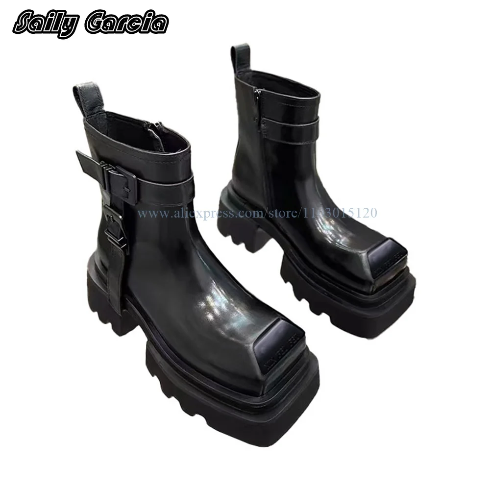 Punk Style Buckle Side Zip Chunky Heel Motorcycle Boots Size 35-44 INS Fashion Men/Women Casual Boots Square Toe Platform Shoes