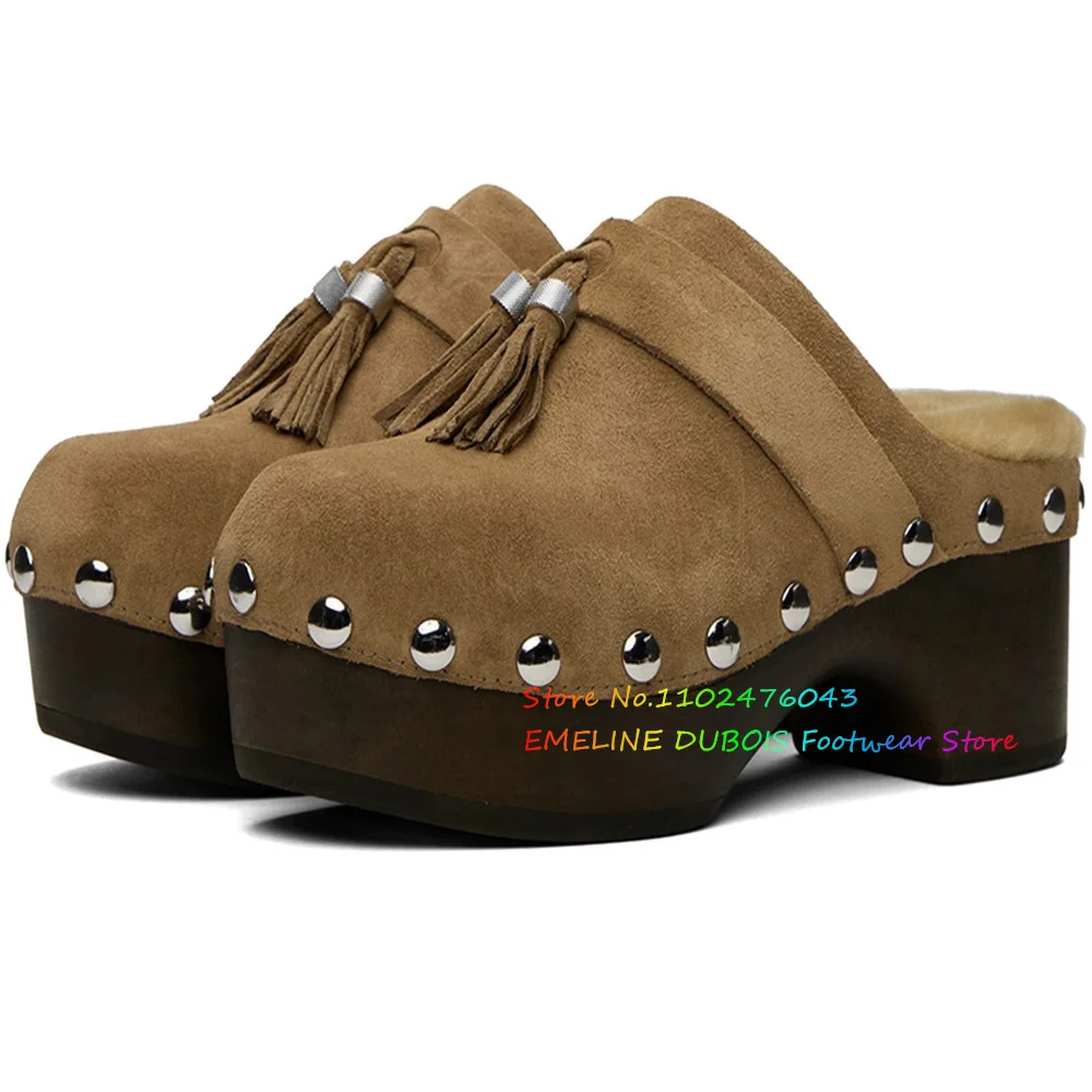 Beige Buffed Leather Loafers Women Platform Round Toe Wood Med Heel Tassels Plush Slippers Metal Decoration Outside Clogs