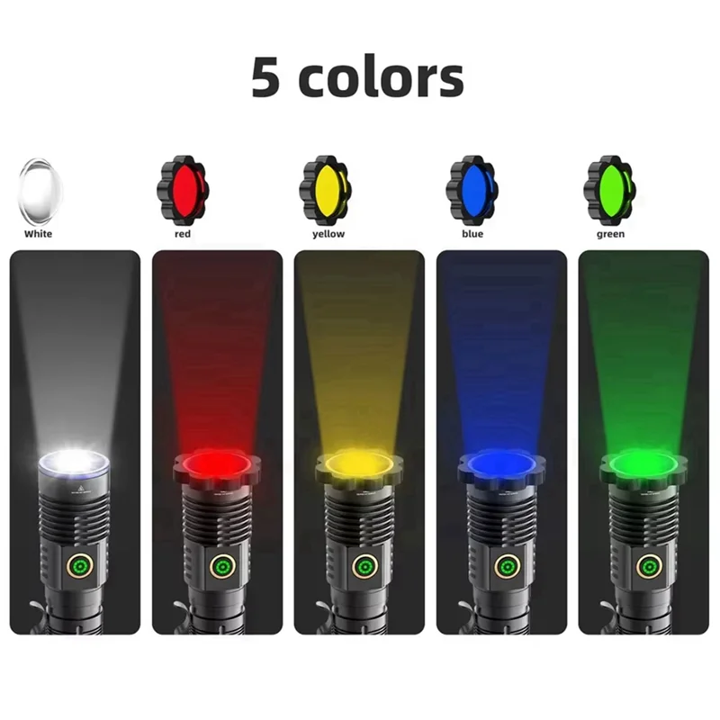 2025 Trend Strong Light LED Flashlight 5 Color Light Flashlight Zoom Tactical Flashlight Lantern Hard Light USB Rechargeable Lig