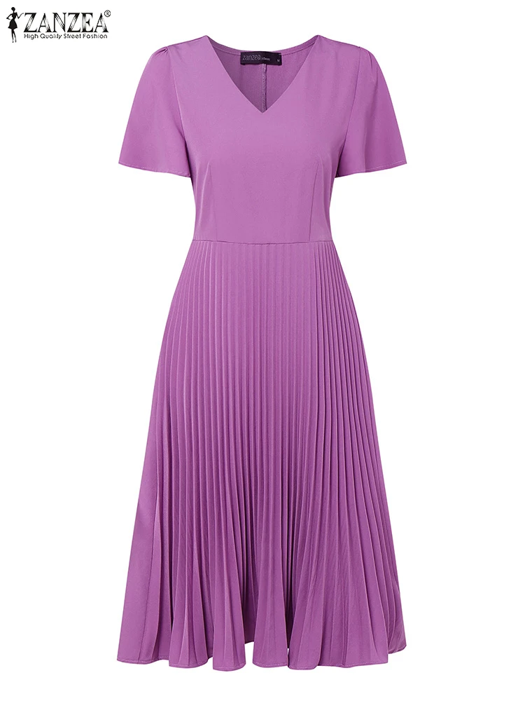 ZANZEA 2025 Letnia Sukienka Damska Dekolt V Jednolita Plisowana Sukienka Letnia Krótki Rękaw Linia A Imprezowa Vestidos Robe Elegancka Sukienka do Pracy Biurowej